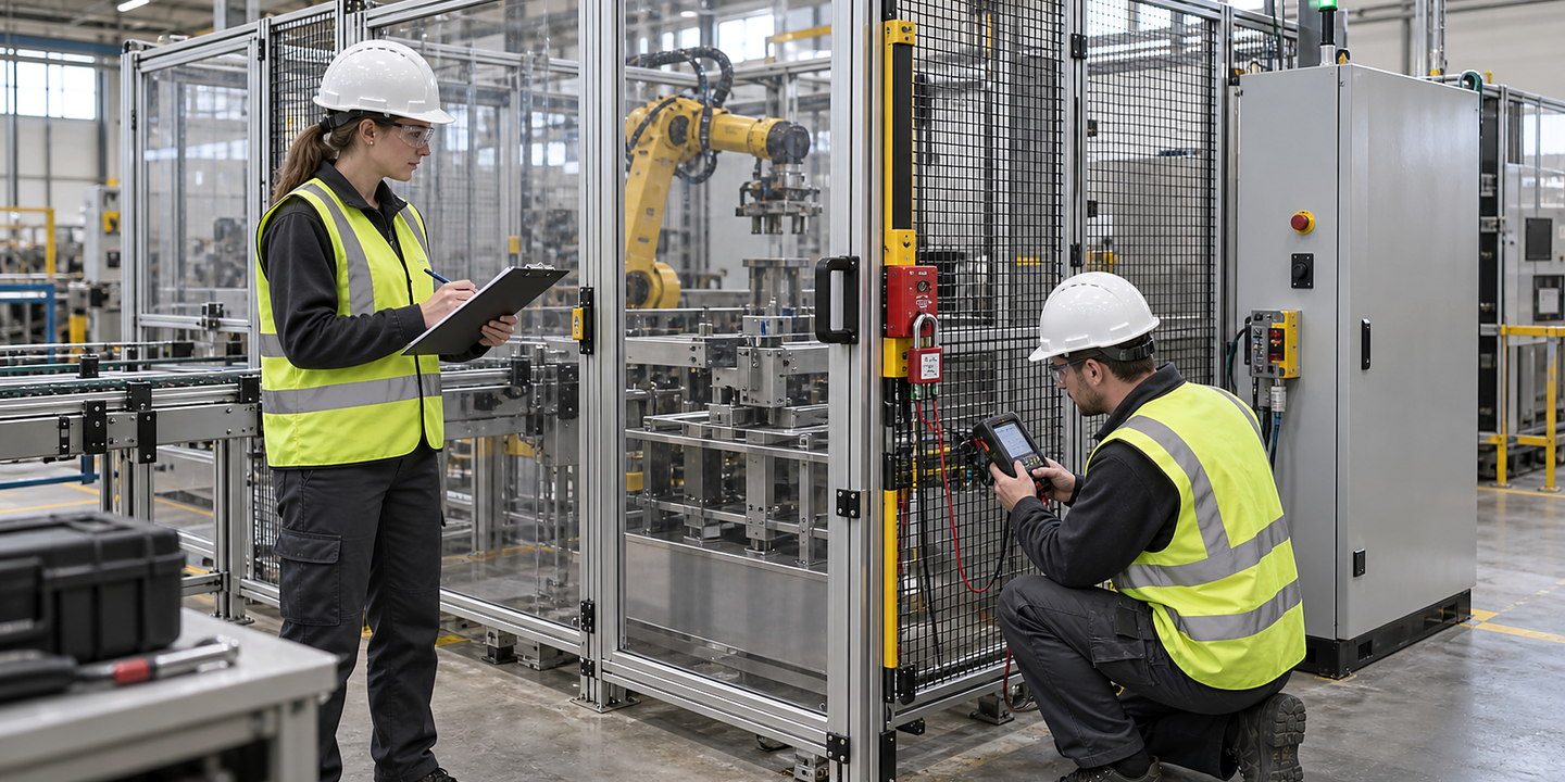 Two engineers validating a guarded automated cell using a test plan and diagnostic interface while the line is safely isolated.